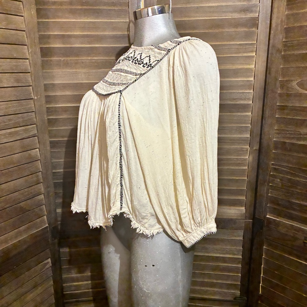 Free People Cyprus Avenue Peasant Blouse Embroidered Puff Sleeve Edwardian Small - Picture 9 of 11